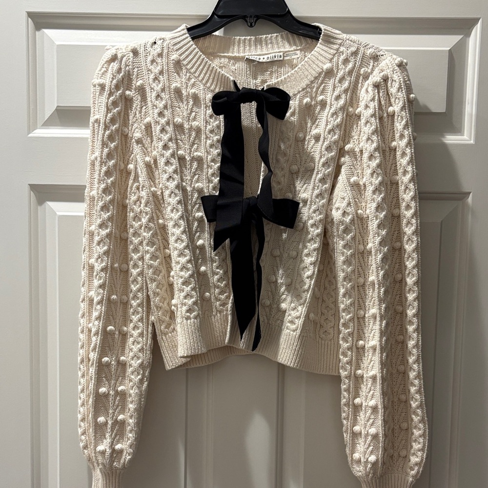 Alice & Olivia Cable Knit Cardigan with Black Bow Tie Closures Sz. L